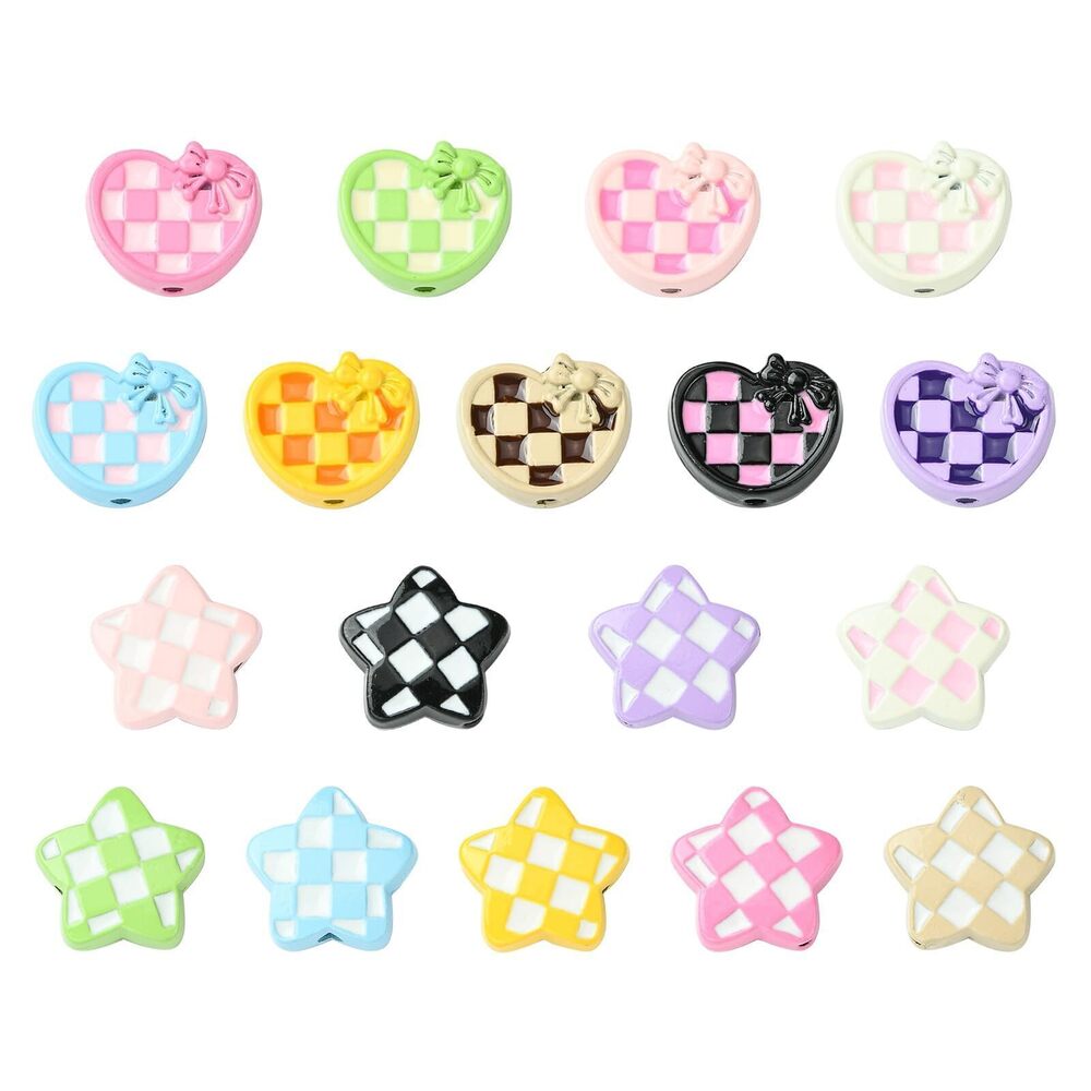 4526 36 pcs 18 Styles Tartan Pattern Baking Paint Alloy Beads Heart Star